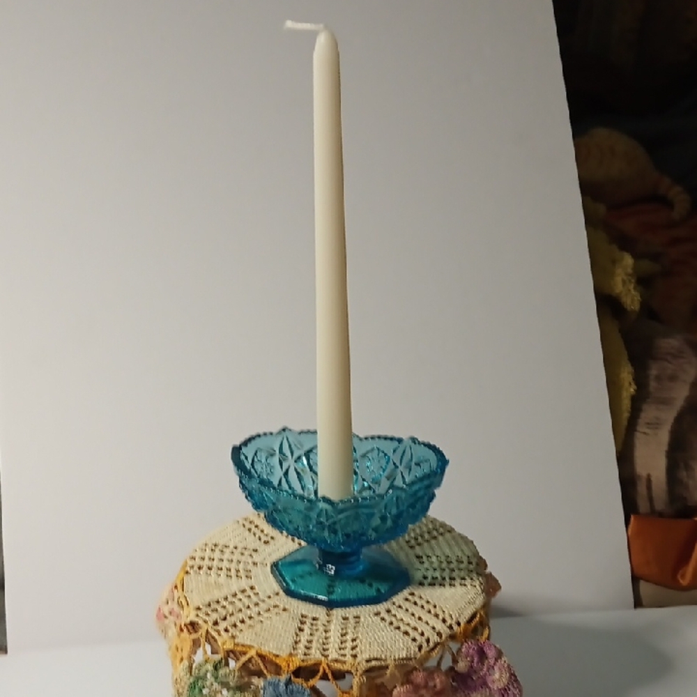 Vintage Blue Glass Candle Holder - Picture 2 of 6